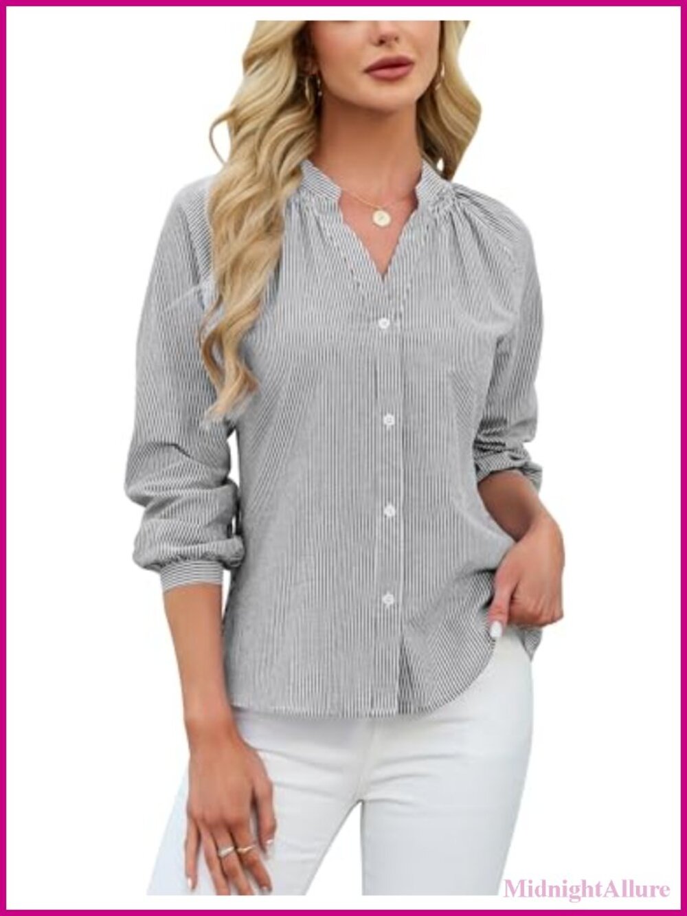 Women's Striped Button Down Shirt V Neck Long Sleeve Casual Blouse